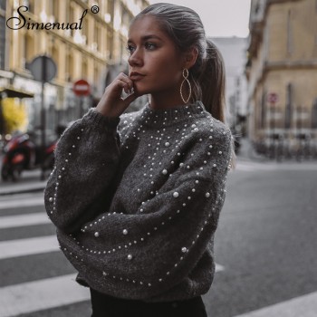 Bead lantern sleeve knitted sweater pullover 